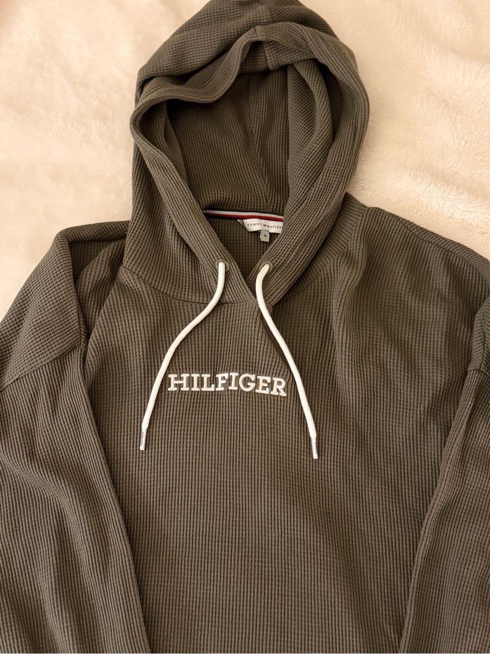 Tommy Hilfiger Olive Waffle-Knit Hoodie with White Drawstrings - Picture 2 of 3